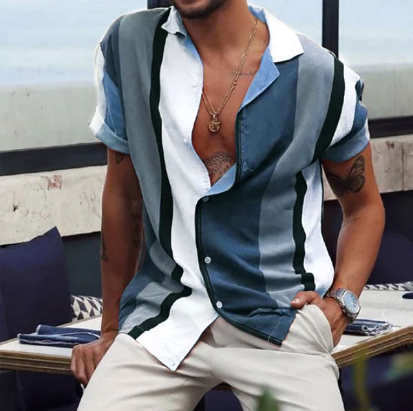 پیراهن راه راه تابستانه آستین کوتاه camisa Masculina کد 380